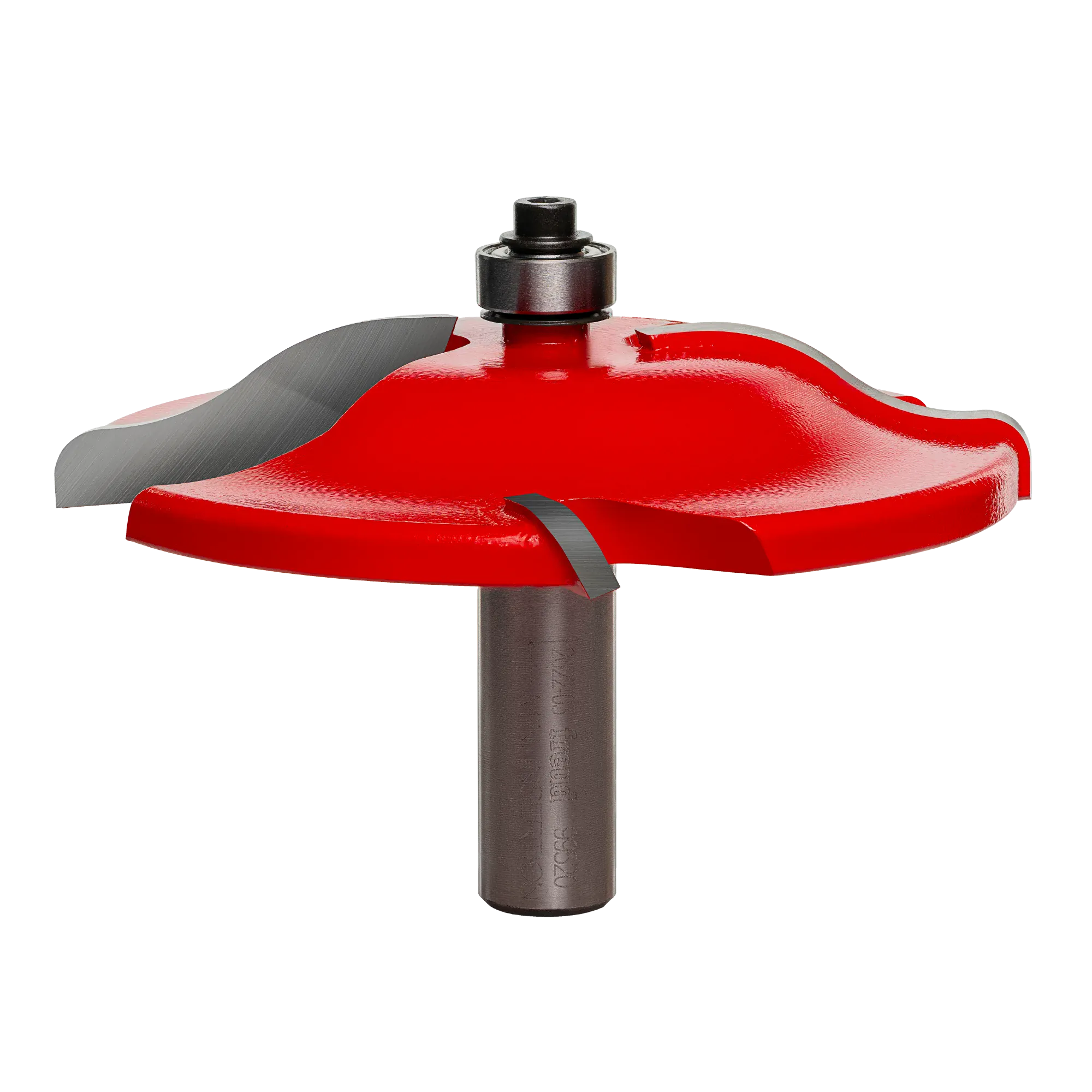 A high-resolution product shot of the Freud 99-520 3-1/2 inch Quadra-Cut raised panel router bit, featuring red carbide-tipped cutters and a 1/2 inch silver shank for professional woodworking.