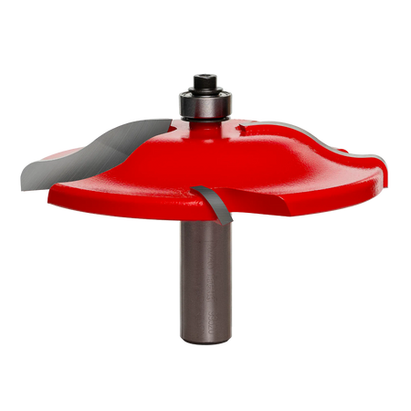 A high-resolution product shot of the Freud 99-520 3-1/2 inch Quadra-Cut raised panel router bit, featuring red carbide-tipped cutters and a 1/2 inch silver shank for professional woodworking.