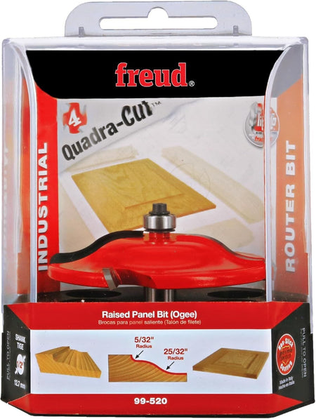 The retail packaging for the Freud 99-520 Quadra-Cut raised panel bit, showcasing the Ogee profile design and highlighting its use for creating flawless finishes on industrial-grade cabinet doors.