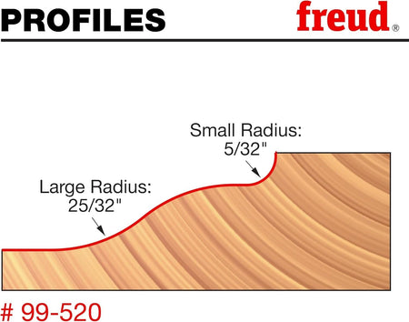 A cross-section profile diagram of the Freud 99-520 bit, detailing the cutting dimensions including a 25/32-inch large radius and a 5/32-inch small radius for an elegant Ogee wood edge.