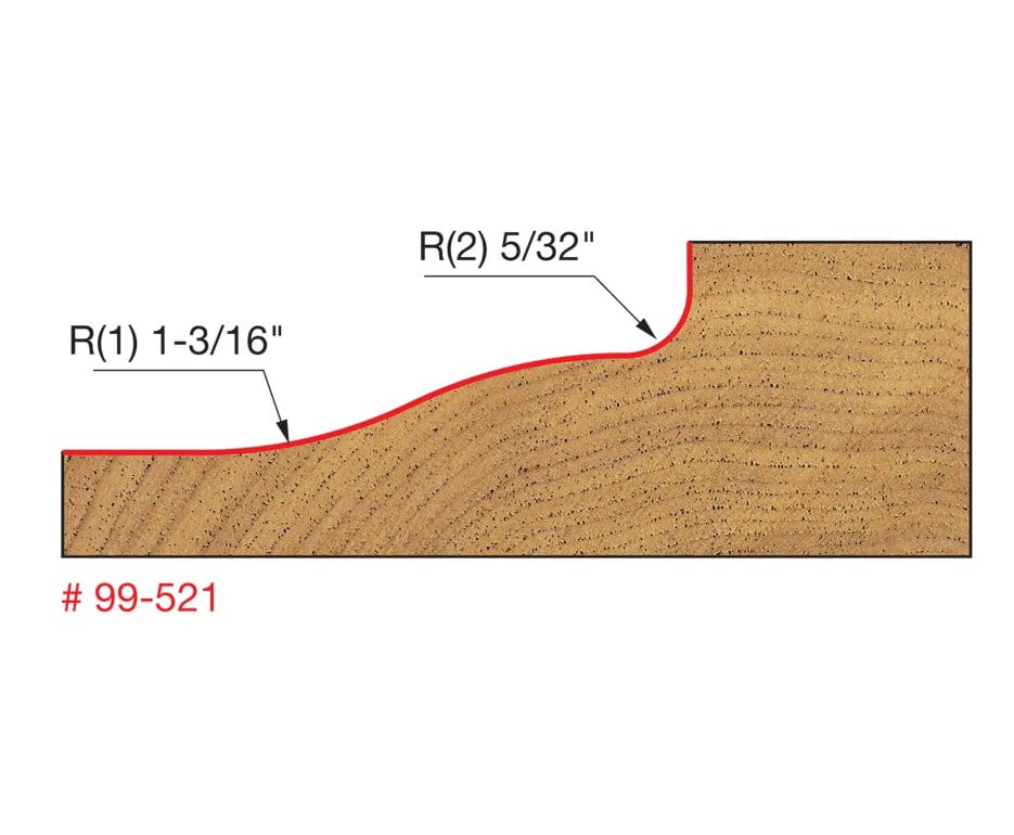 Technical profile drawing for model #99-521. A red line traces the ogee curve profile on the edge of a wood panel, indicating a large radius of 1-3/16 inches and a smaller reverse curve radius of 5/32 inches.
