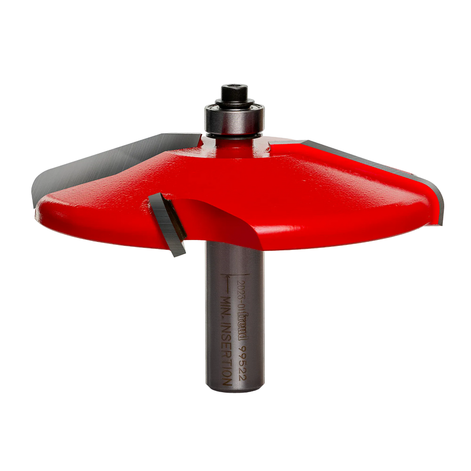 Cross-section drawing of the rounded straight-angled raised panel profile cut by the 99-522 bit, showing a 5/8 inch reveal on 3/4 inch thick stock material.
