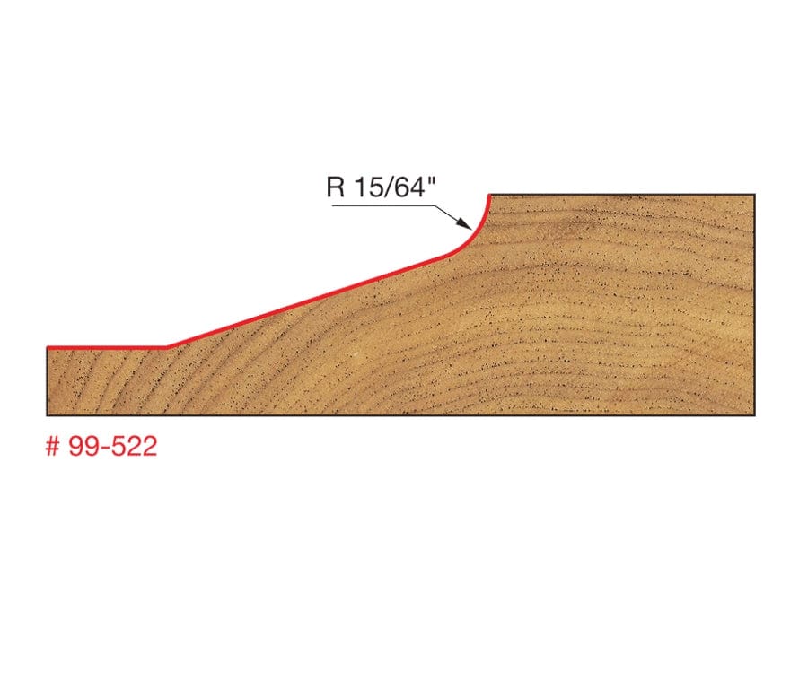 Cross-section profile diagram of the wood edge cut by the Freud 99-522 bit, displaying the straight angle and a 15/64 inch radius curve.
