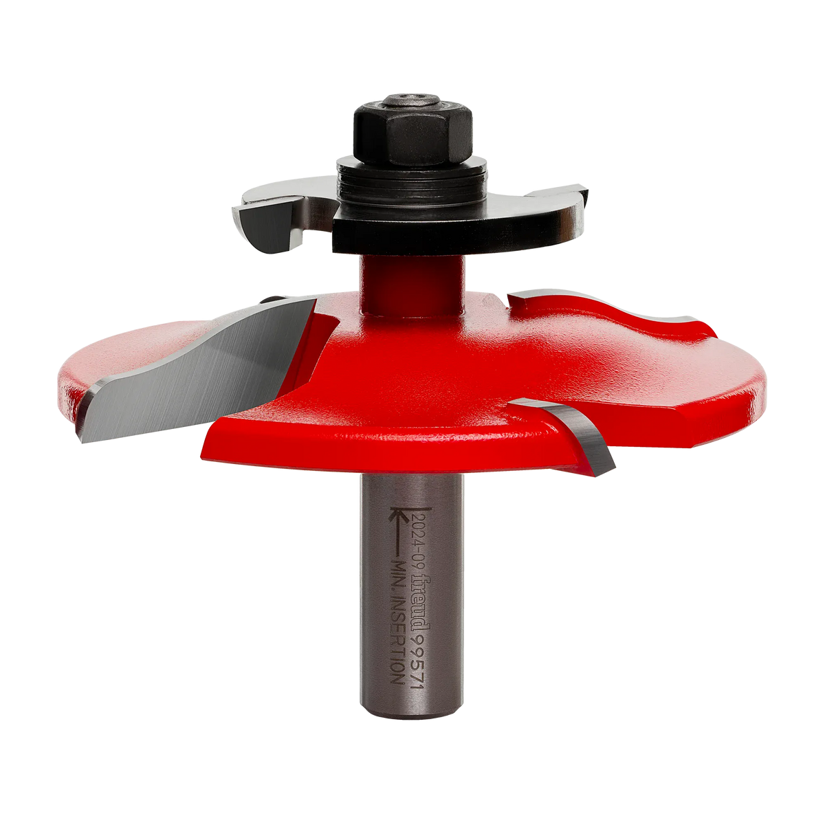 Freud 99-571 3-1/2-inch raised panel router bit with backcutter featuring a 1/2-inch shank and red Perma-SHIELD coating for flush custom wood cabinet doors.