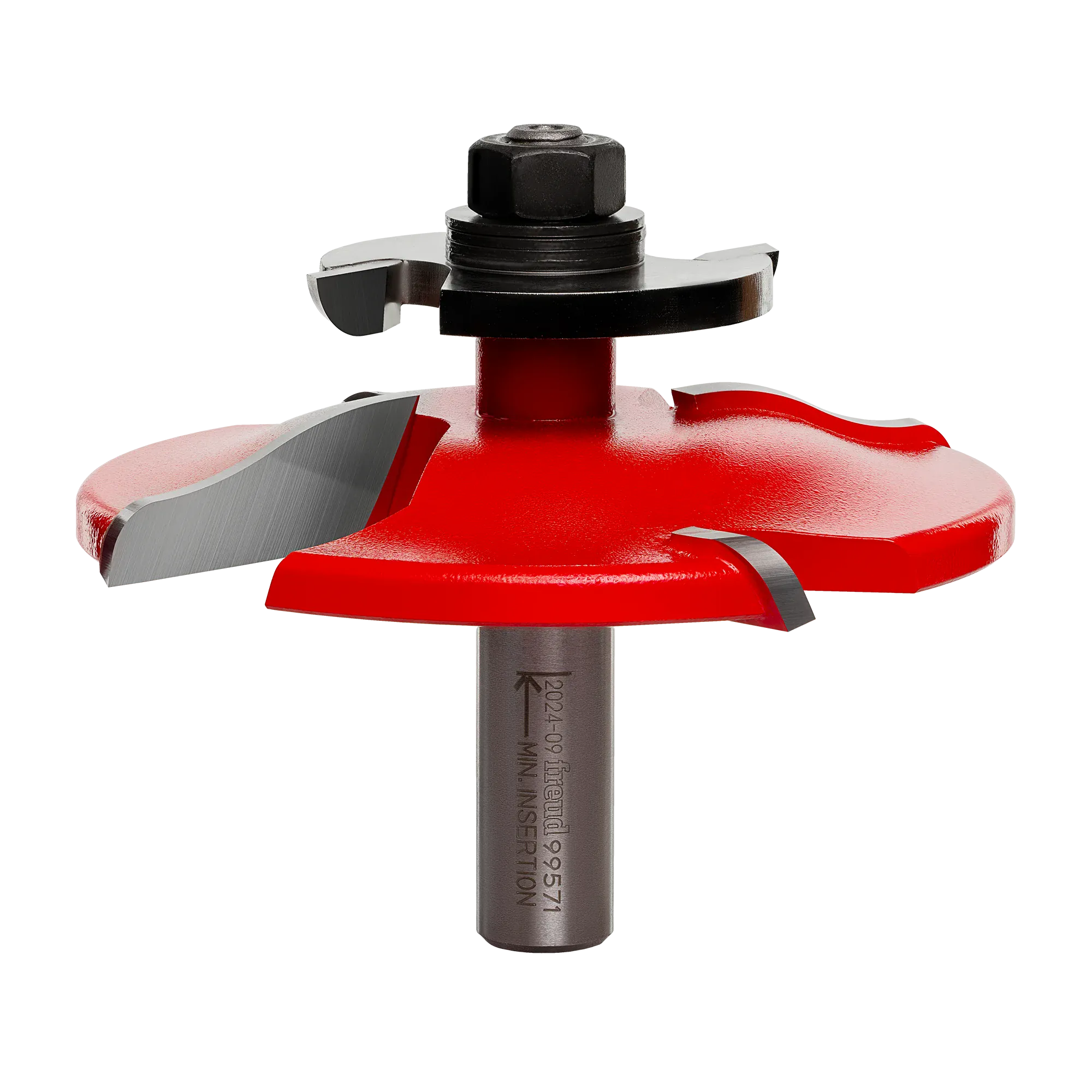 Freud 99-571 3-1/2-inch raised panel router bit with backcutter featuring a 1/2-inch shank and red Perma-SHIELD coating for flush custom wood cabinet doors.