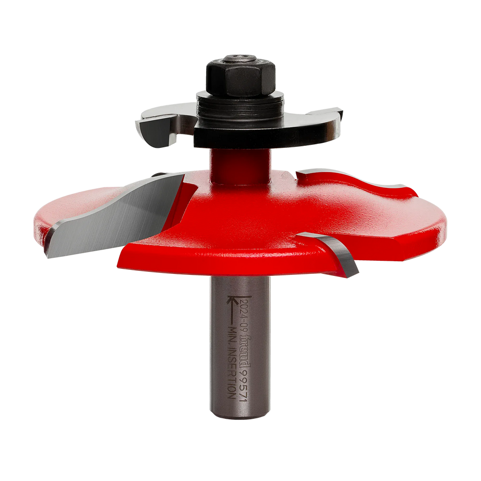 Freud 99-571 3-1/2-inch raised panel router bit with backcutter featuring a 1/2-inch shank and red Perma-SHIELD coating for flush custom wood cabinet doors.
