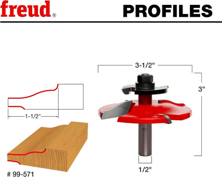 Woodworking profile diagram illustrating the precise 3-1/2-inch wide cut and flush back rabbet created by the Freud 99-571 raised panel router bit on solid wood.