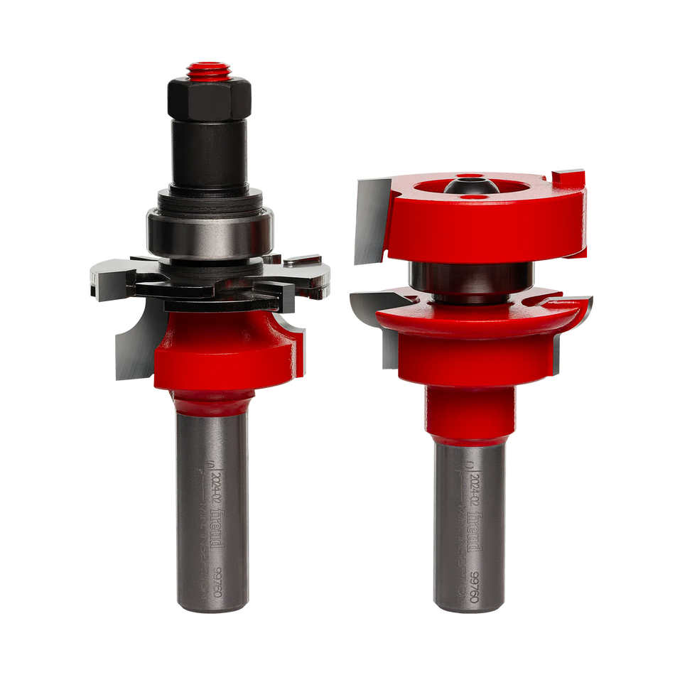 Freud 99-760 1-11/16-inch Premier Adjustable Rail and Stile router bit set featuring 1/2-inch shanks and carbide cutters for professional cabinet door making.