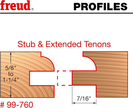 Technical profile diagram illustrating the adjustable stub and extended tenon capabilities of the Freud 99-760 bit for 5/8-inch to 1-1/4-inch thick wood.
