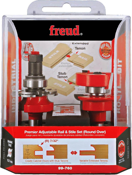 Freud 99-760 Premier Adjustable Rail and Stile router bit set in retail packaging, showing the components for stub and extended tenon cabinet door joints.