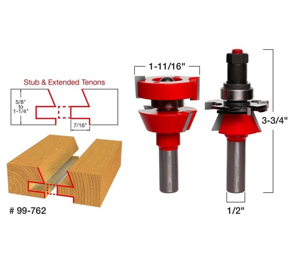 Technical specification sheet featuring the Freud 99-762 bit set, displaying dimensions of 1-11/16 inch diameter and 3-3/4 inch height, along with a cross-section diagram showing the adjustable groove width and material thickness capacity of 5/8 to 1-1/4 inches.