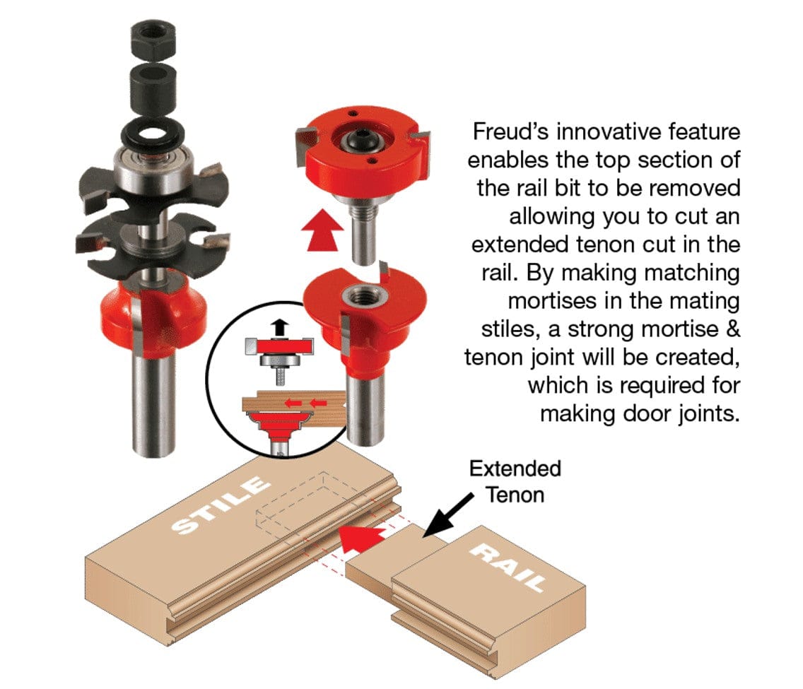 Technical diagram displaying the exploded view of the Freud router bit, demonstrating how to remove the top cutter to create extended tenons for strong mortise and tenon joints in rail and stile door construction.