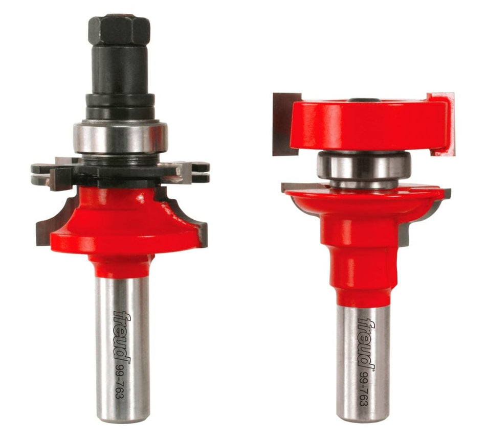 Industrial view of the Freud 99-763 Premier Adjustable Rail and Stile router bit set featuring red Perma-SHIELD coating and TiCo high-density carbide cutters for cabinet door construction.