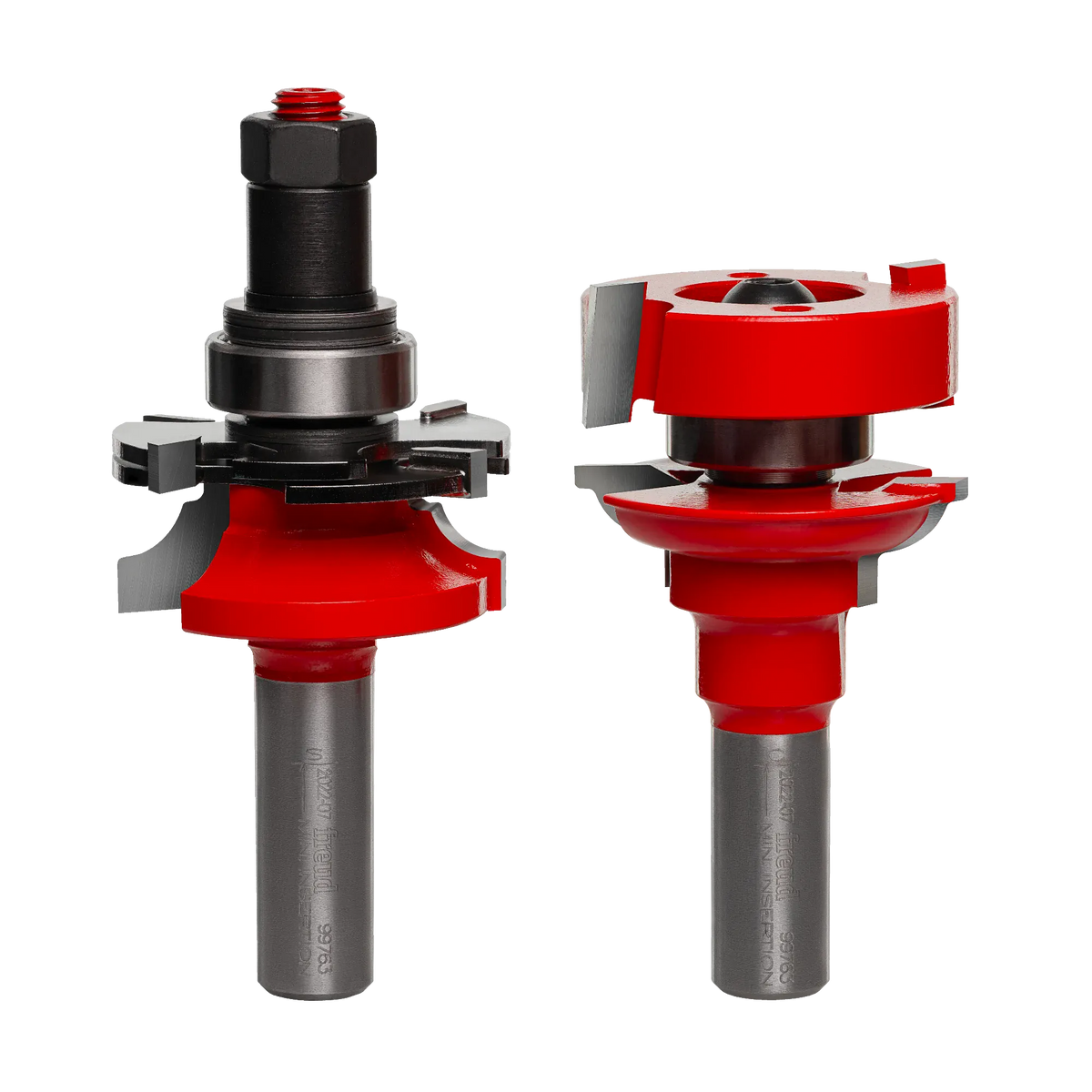 Industrial view of the Freud 99-763 Premier Adjustable Rail and Stile router bit set featuring red Perma-SHIELD coating and TiCo high-density carbide cutters for cabinet door construction.
