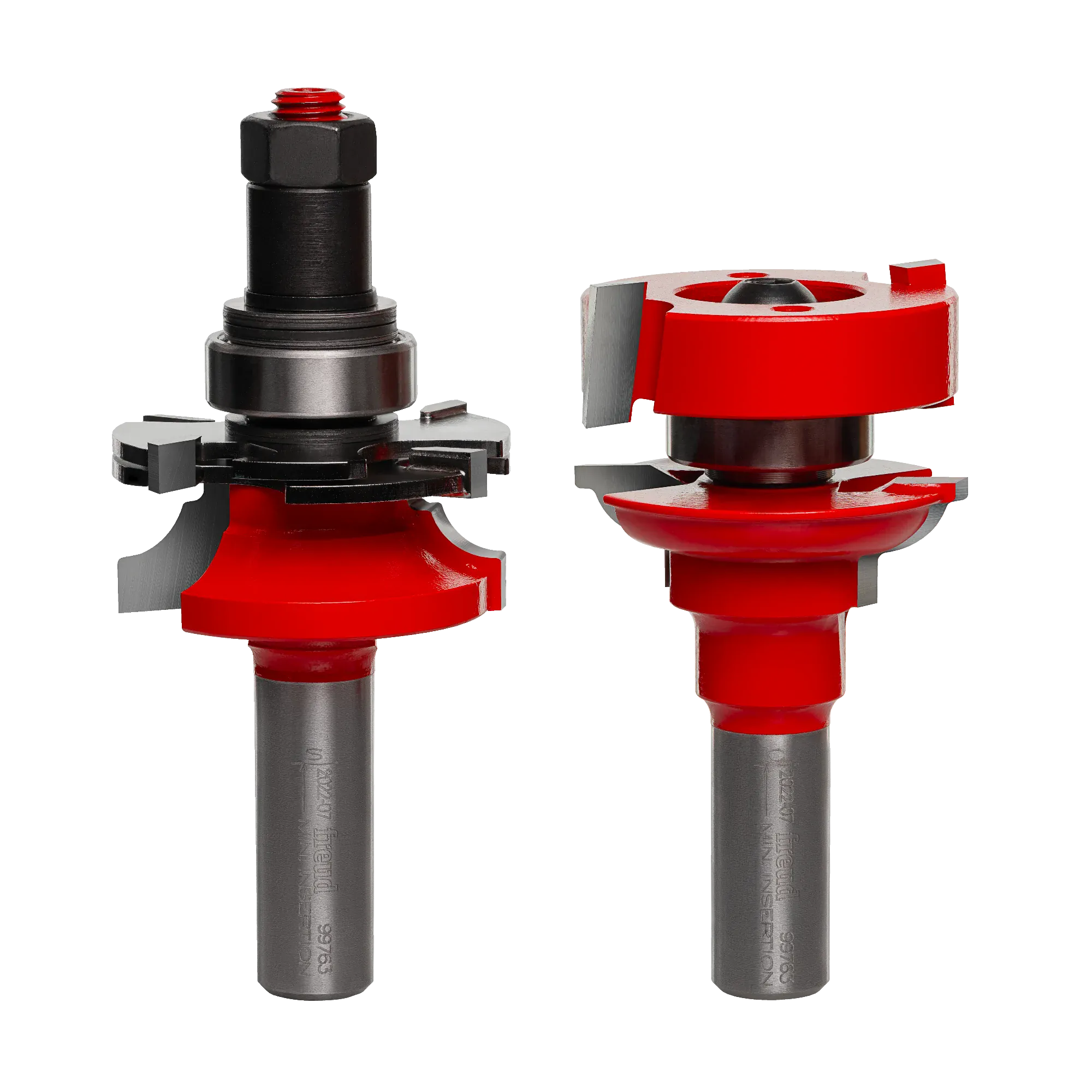 Industrial view of the Freud 99-763 Premier Adjustable Rail and Stile router bit set featuring red Perma-SHIELD coating and TiCo high-density carbide cutters for cabinet door construction.