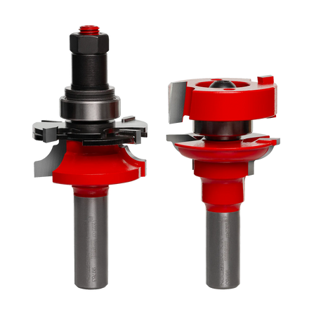 Industrial view of the Freud 99-763 Premier Adjustable Rail and Stile router bit set featuring red Perma-SHIELD coating and TiCo high-density carbide cutters for cabinet door construction.