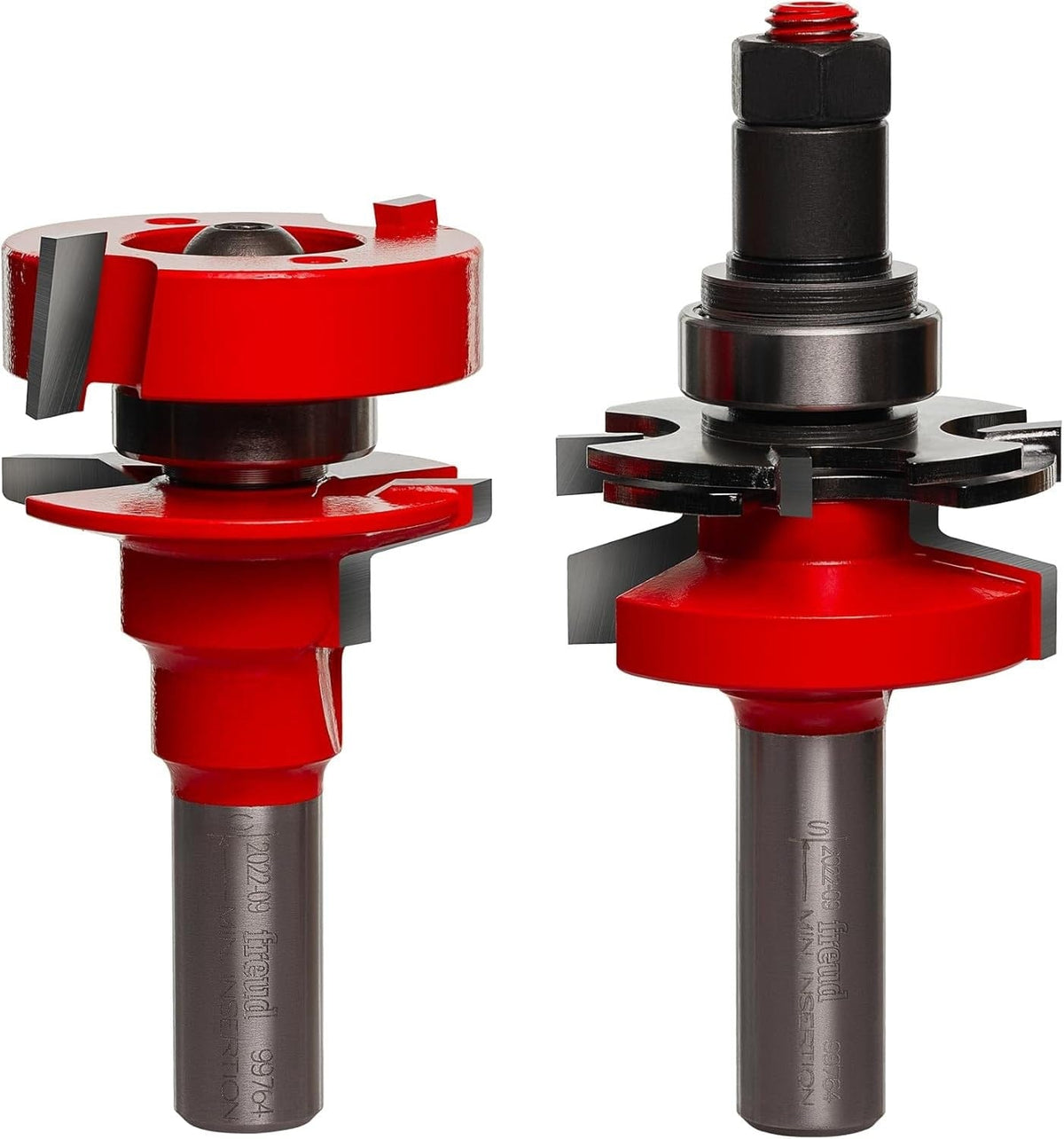 Freud 99-764 1-11/16-inch premier adjustable rail and stile router bit featuring a bevel profile, 1/2-inch shank, and red Perma-SHIELD coating for custom wood cabinet doors.