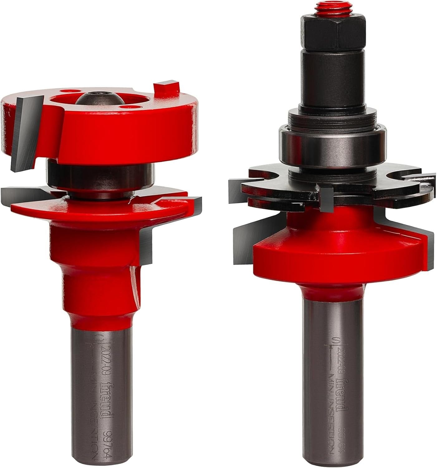 Freud 99-764 1-11/16-inch premier adjustable rail and stile router bit featuring a bevel profile, 1/2-inch shank, and red Perma-SHIELD coating for custom wood cabinet doors.