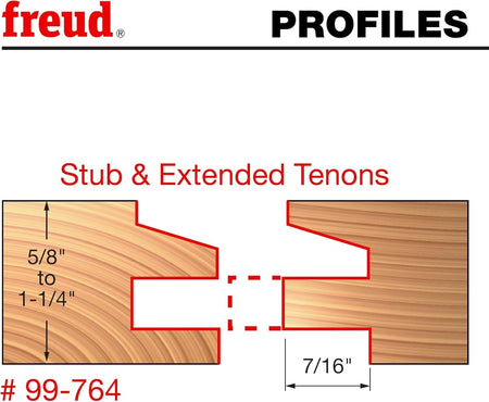 Woodworking profile diagram illustrating the bevel joint and extended tenon capabilities of the Freud 99-764 adjustable rail and stile router bit on 5/8-inch to 1-1/4-inch wood stock.