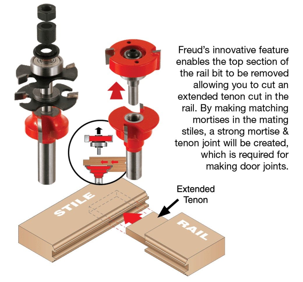 Technical diagram illustrating the adjustable design of the Freud 99-862 bit, showing how the top section can be removed to cut extended tenons for strong mortise and tenon joints.
