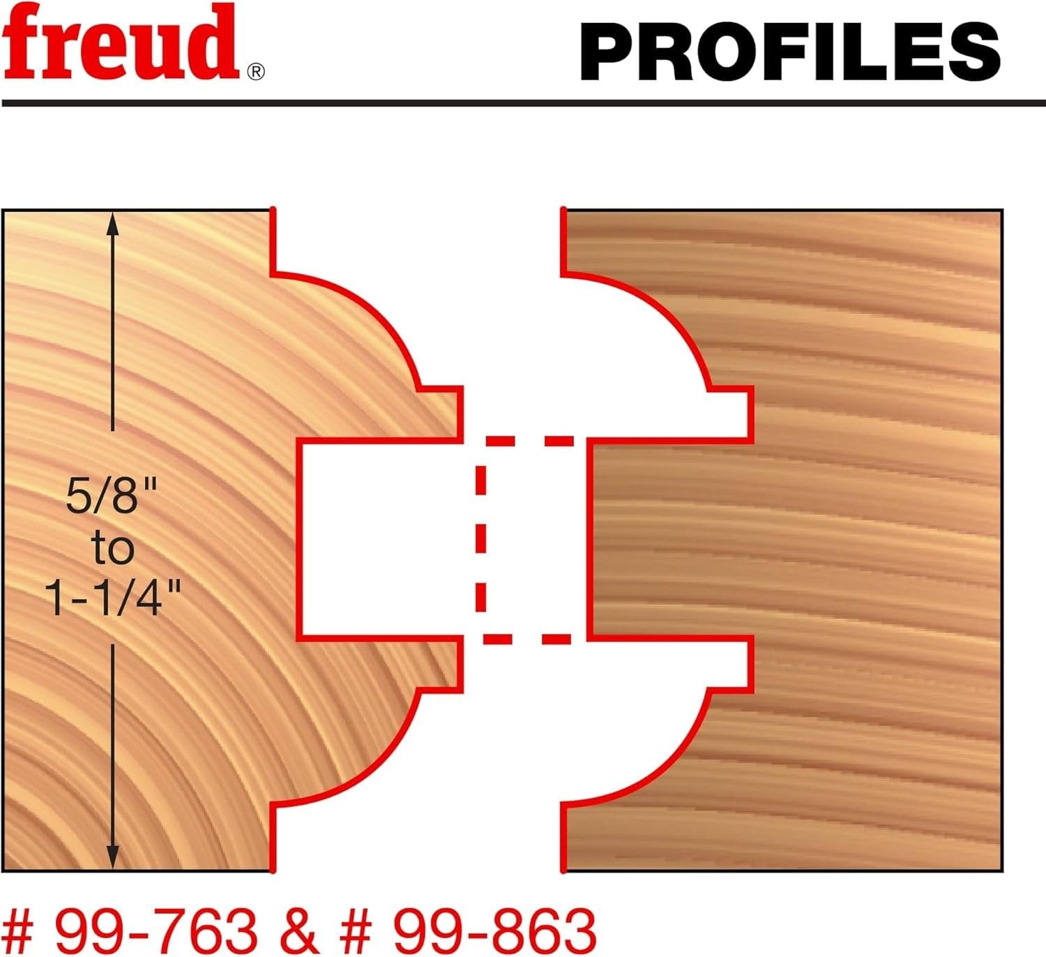 Woodworking profile diagram illustrating the round over bead joint created by the Freud 99-863 adjustable rail and stile router bit on 5/8-inch to 1-1/4-inch wood stock.