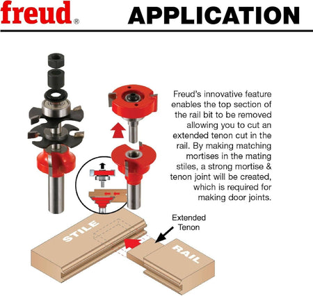 Instructional graphic demonstrating how to remove the top cutter of the Freud rail router bit to create extended tenons for extra-strong cabinet door joints.