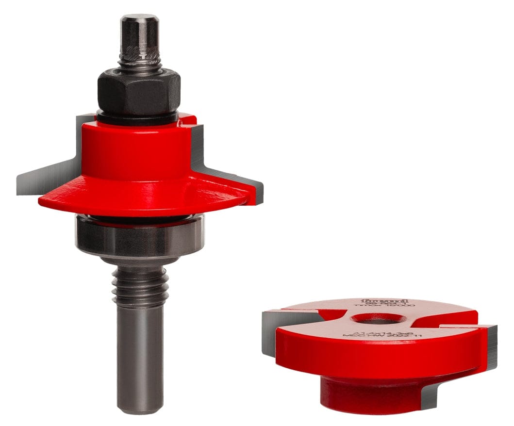 A professional studio shot of the Freud 99-864 Premier Adjustable Rail and Stile router bit set, featuring the signature red Perma-SHIELD coating and an adjustable carbide cutter assembly for custom door joinery.
