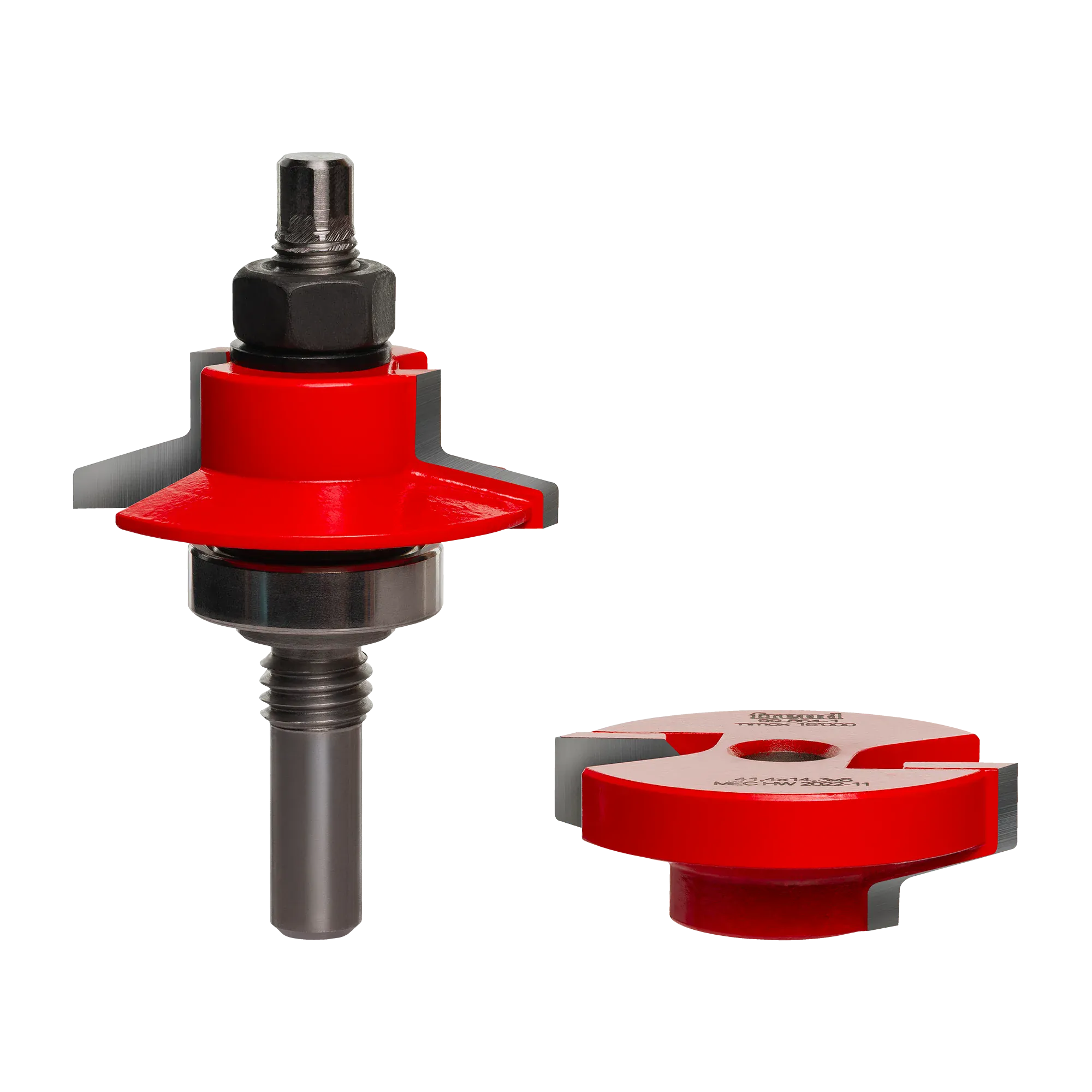 A professional studio shot of the Freud 99-864 Premier Adjustable Rail and Stile router bit set, featuring the signature red Perma-SHIELD coating and an adjustable carbide cutter assembly for custom door joinery.