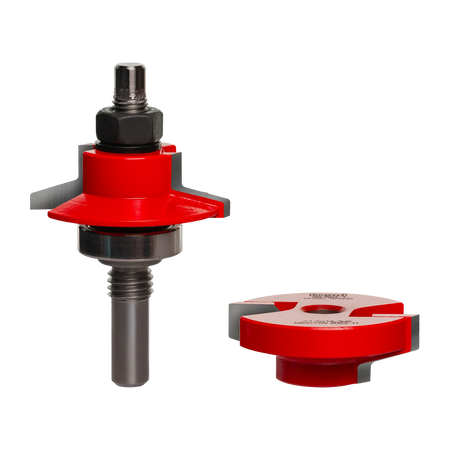 A professional studio shot of the Freud 99-864 Premier Adjustable Rail and Stile router bit set, featuring the signature red Perma-SHIELD coating and an adjustable carbide cutter assembly for custom door joinery.