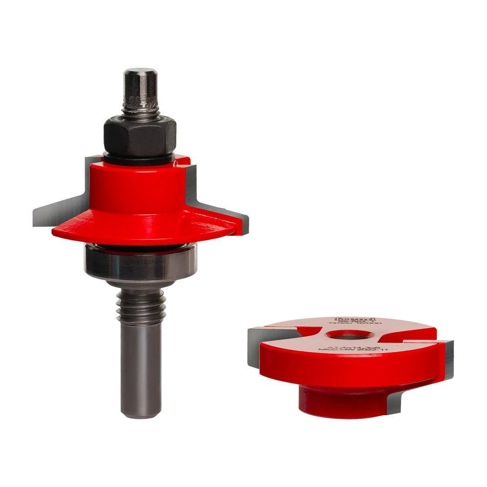 A professional studio shot of the Freud 99-864 Premier Adjustable Rail and Stile router bit set, featuring the signature red Perma-SHIELD coating and an adjustable carbide cutter assembly for custom door joinery.