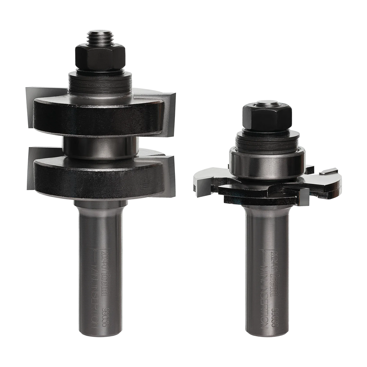 Image of tongue and groove bit set. The image shows two silver router bits with multiple cutting edges and black components near the top. The bit on the left appears to have adjustable parts with wing-like extensions.