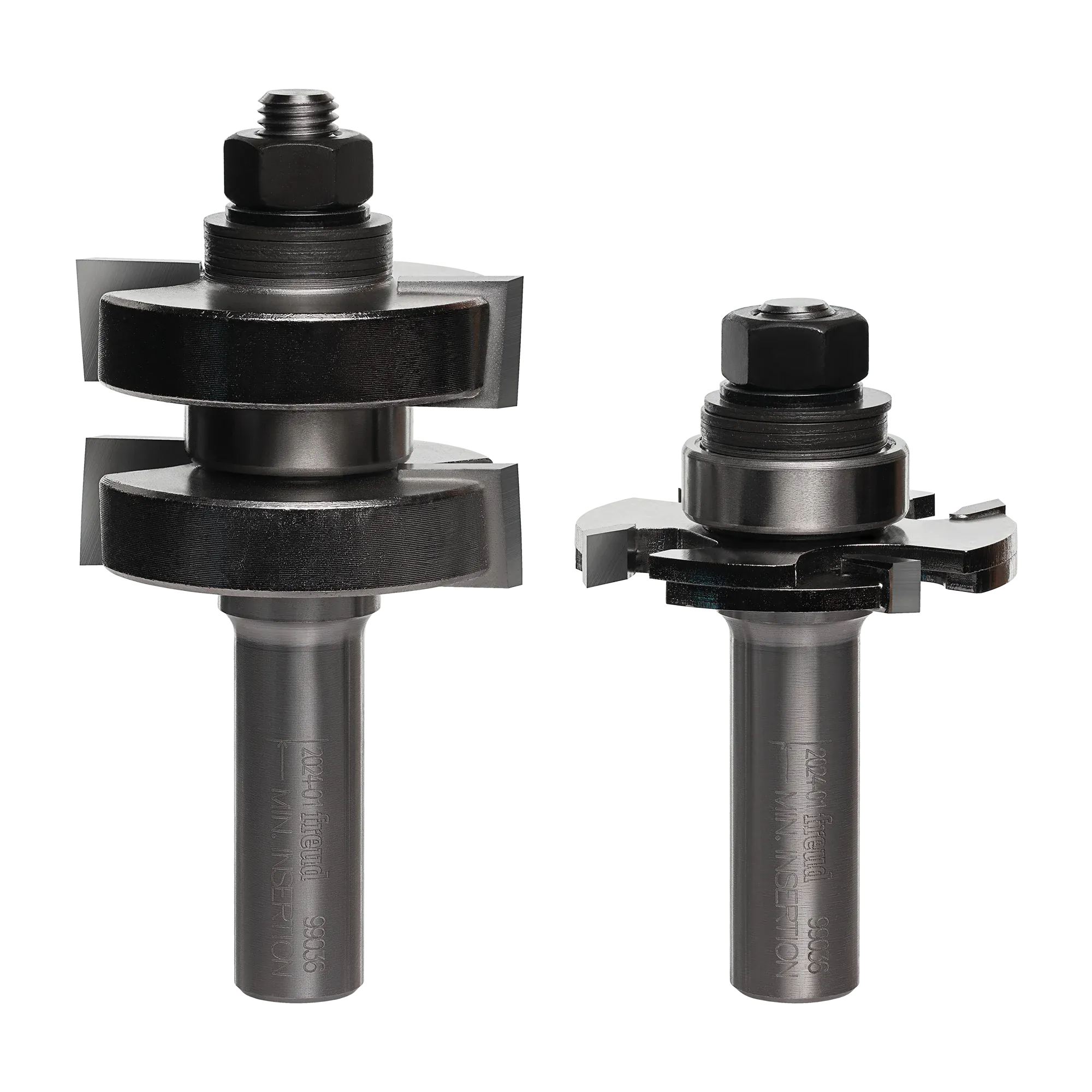 Image of tongue and groove bit set. The image shows two silver router bits with multiple cutting edges and black components near the top. The bit on the left appears to have adjustable parts with wing-like extensions.