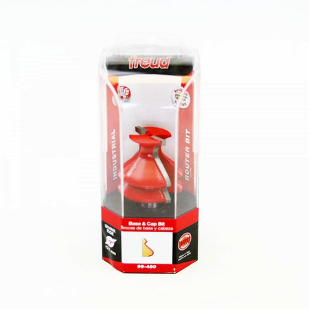 The Freud 99-480 base and cap router bit shown inside its clear and red industrial retail packaging.