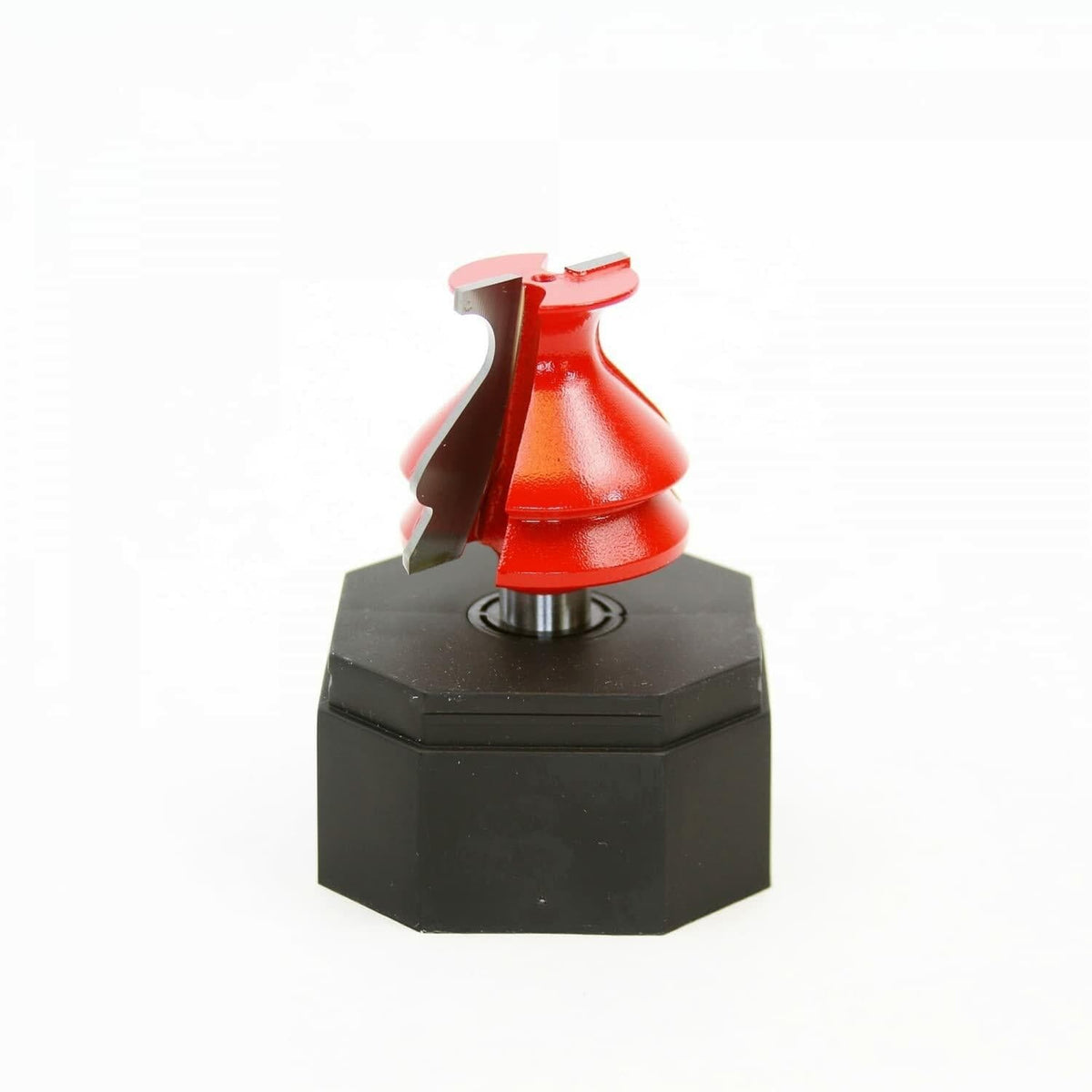 Side profile of the Freud 99-480 router bit seated in a black display holder, highlighting the shape of the carbide cutters.