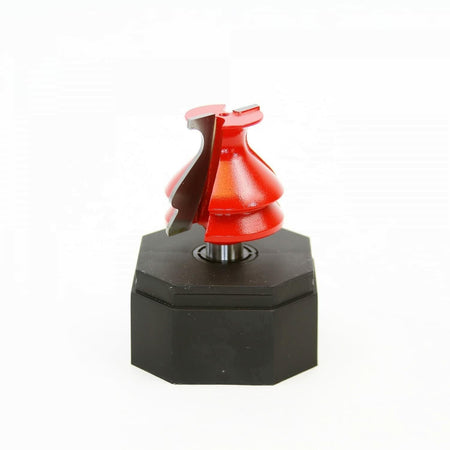 Side profile of the Freud 99-480 router bit seated in a black display holder, highlighting the shape of the carbide cutters.