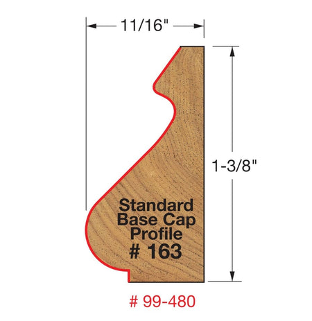 An infographic showing the Standard Base Cap Profile #163, with dimensions of 11/16 inch by 1-3/8 inch, created by the Freud 99-480 router bit.