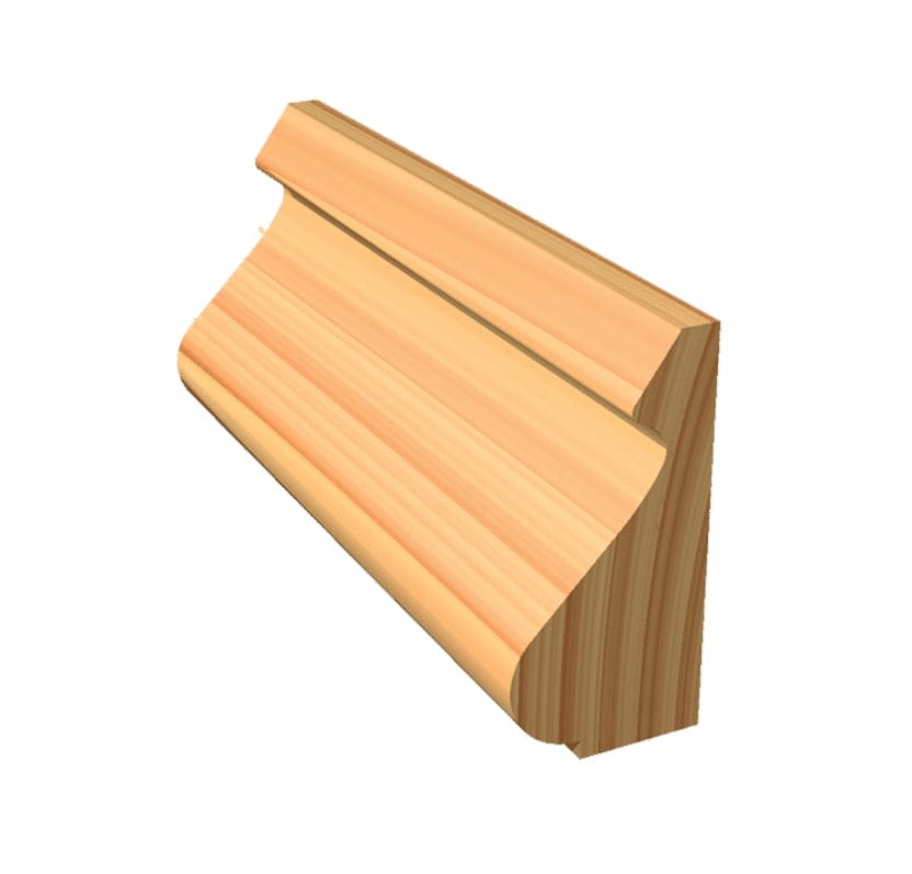 A piece of wood molding showing the final profile cut created by the Freud 99-480 base and cap router bit.
