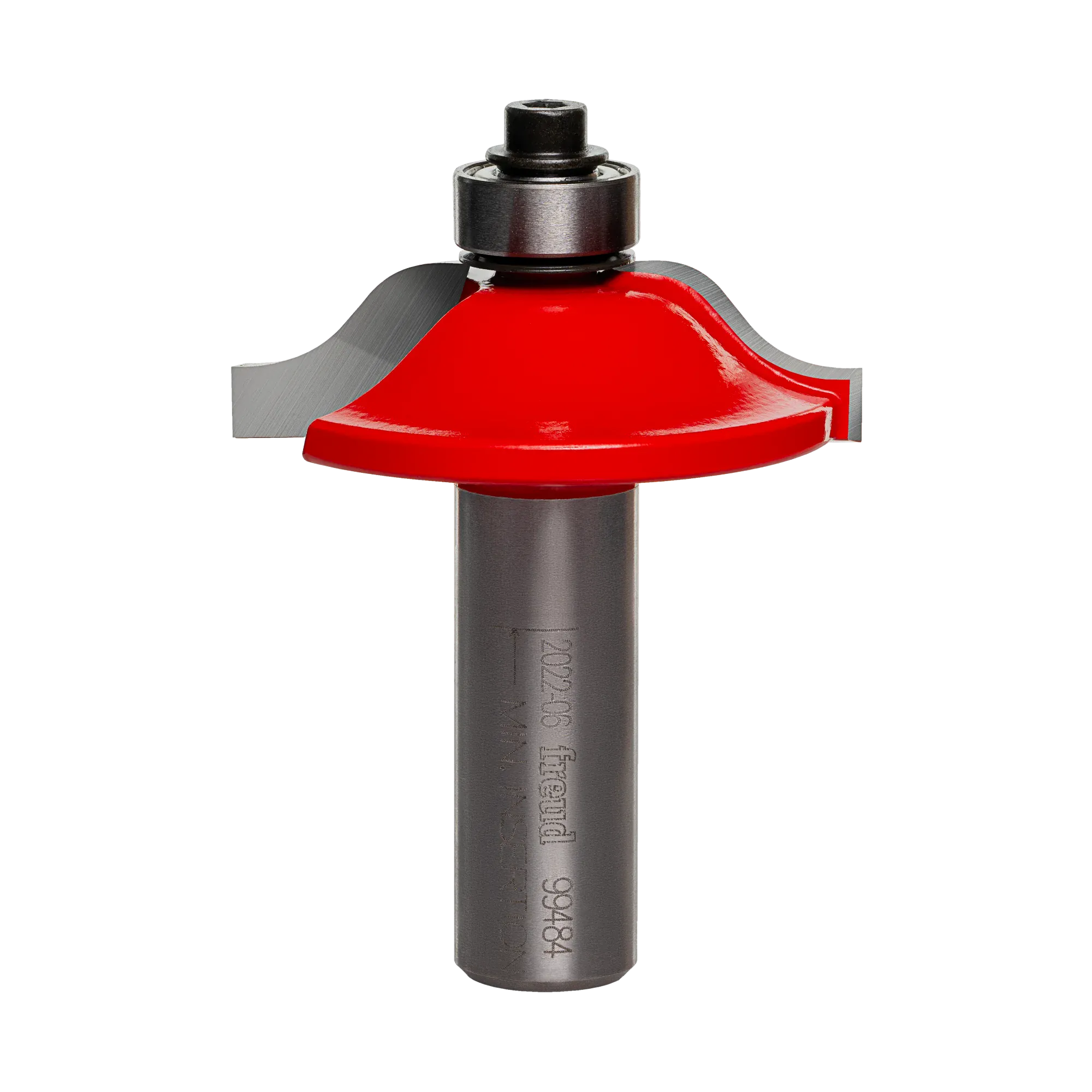 Freud router bit with red body, curved cutting edge, and bearing guide for shaping rounded wood edges.