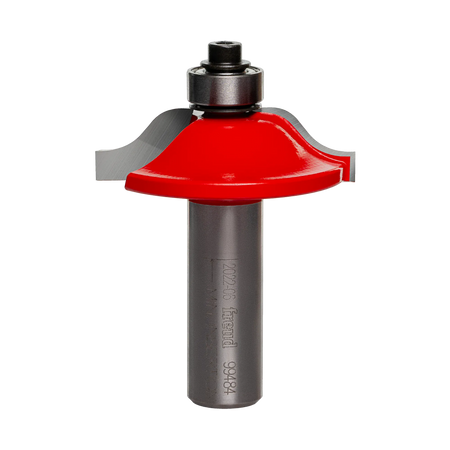 Freud router bit with red body, curved cutting edge, and bearing guide for shaping rounded wood edges.
