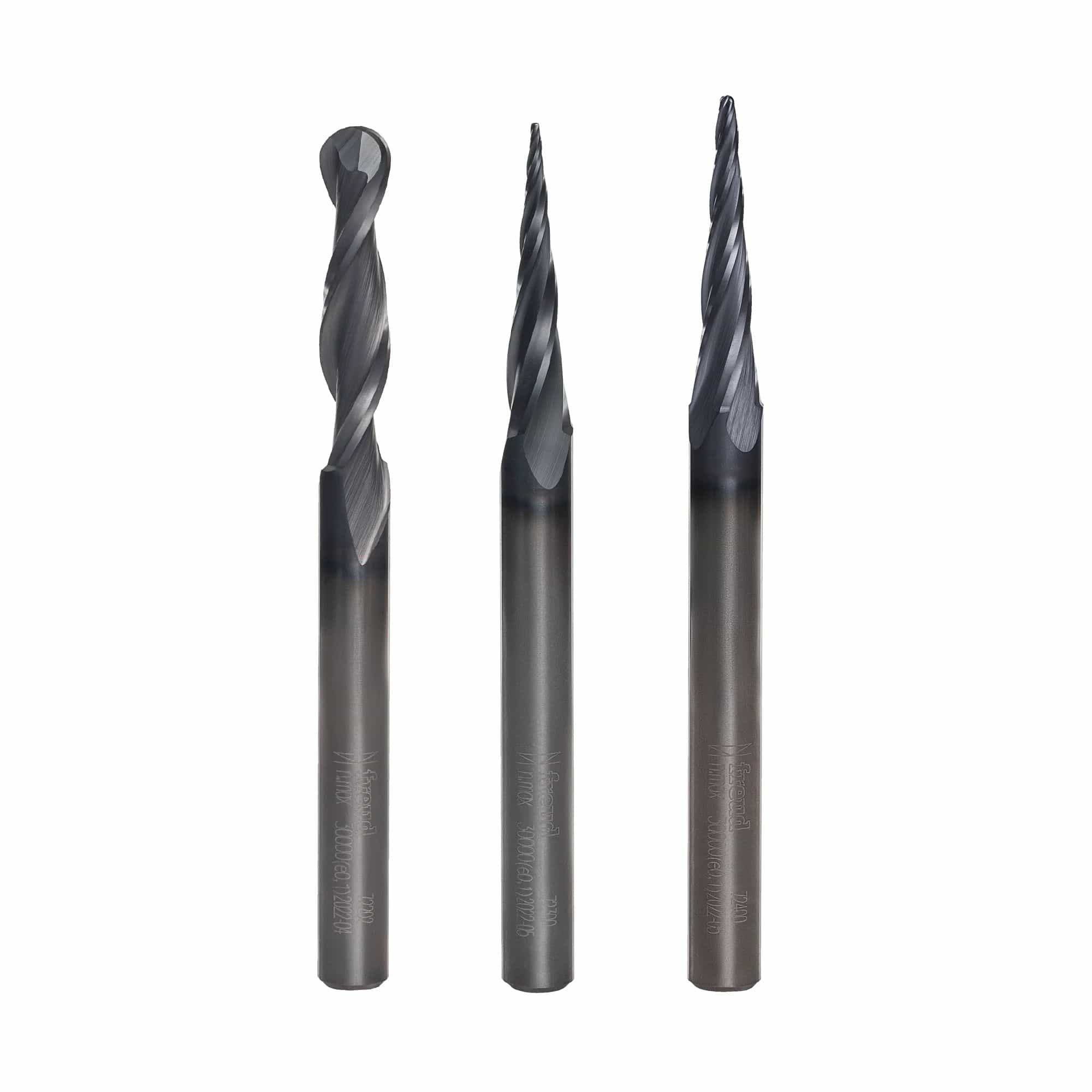 Three solid carbide CNC router bits with spiral flutes and coated finish, designed for precision carving applications.
