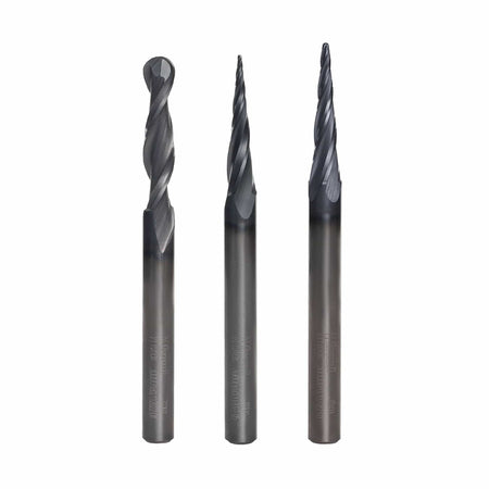 Three solid carbide CNC router bits with spiral flutes and coated finish, designed for precision carving applications.