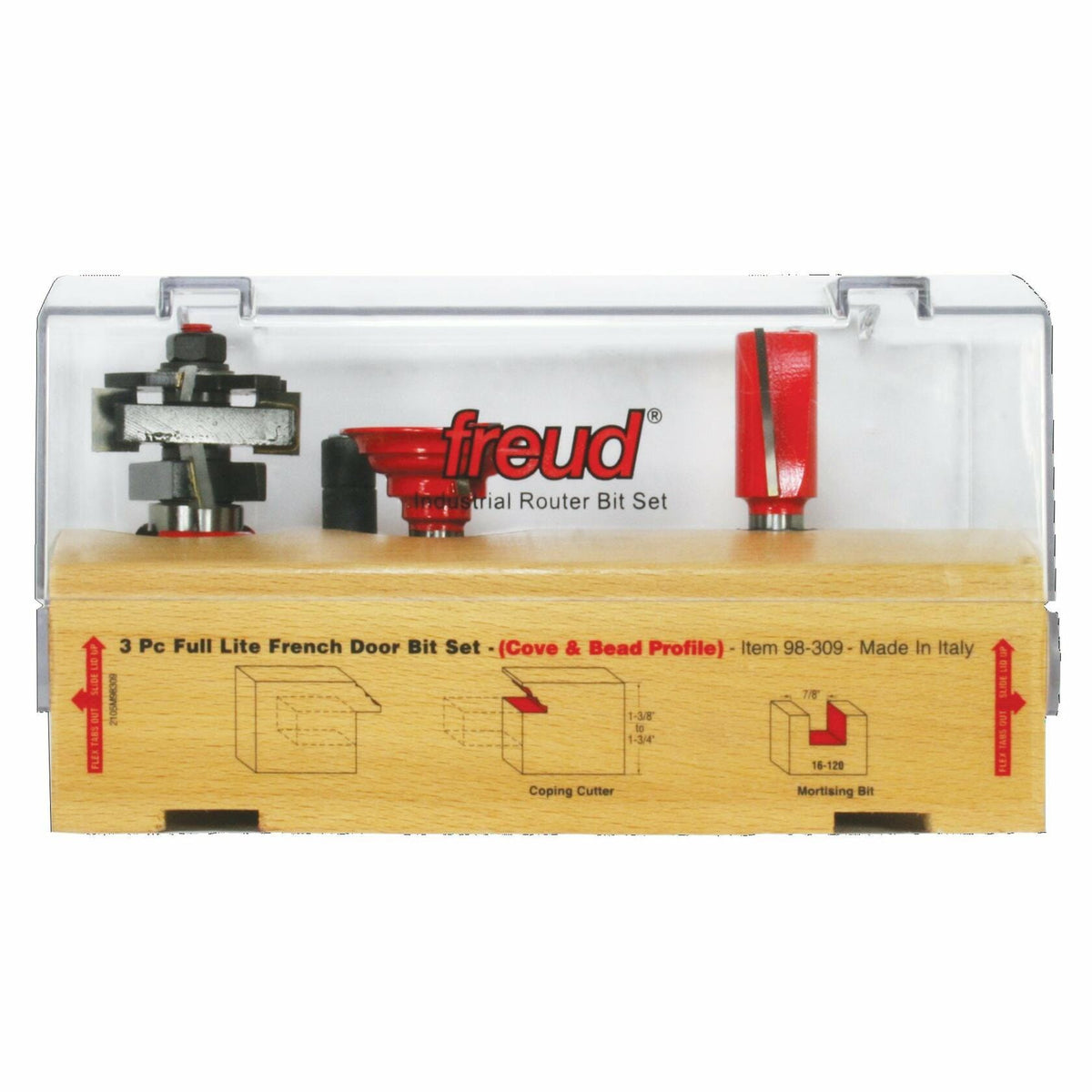 Freud router bit set in a clear plastic case on a white background