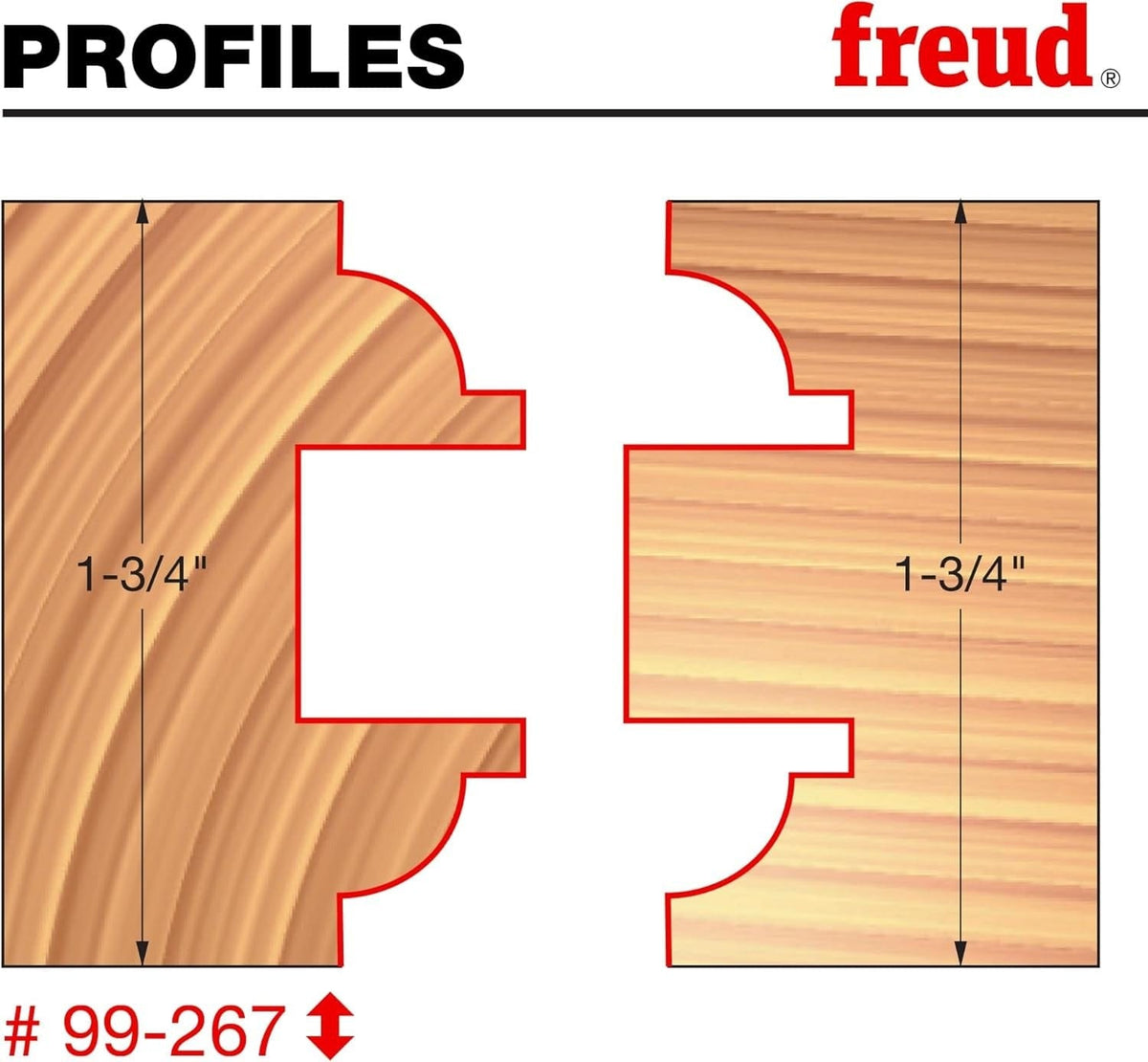 Profile diagram showing the cross-section geometry of the mating rail and stile cuts on 1-3/4 inch thick stock produced by the 99-267 bit set.
