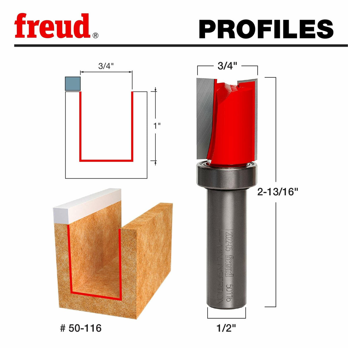 A profile drawing of the Freud 50-116 flush trim bit with dimensions and a corresponding diagram showing the cut profile for template and laminate routing.