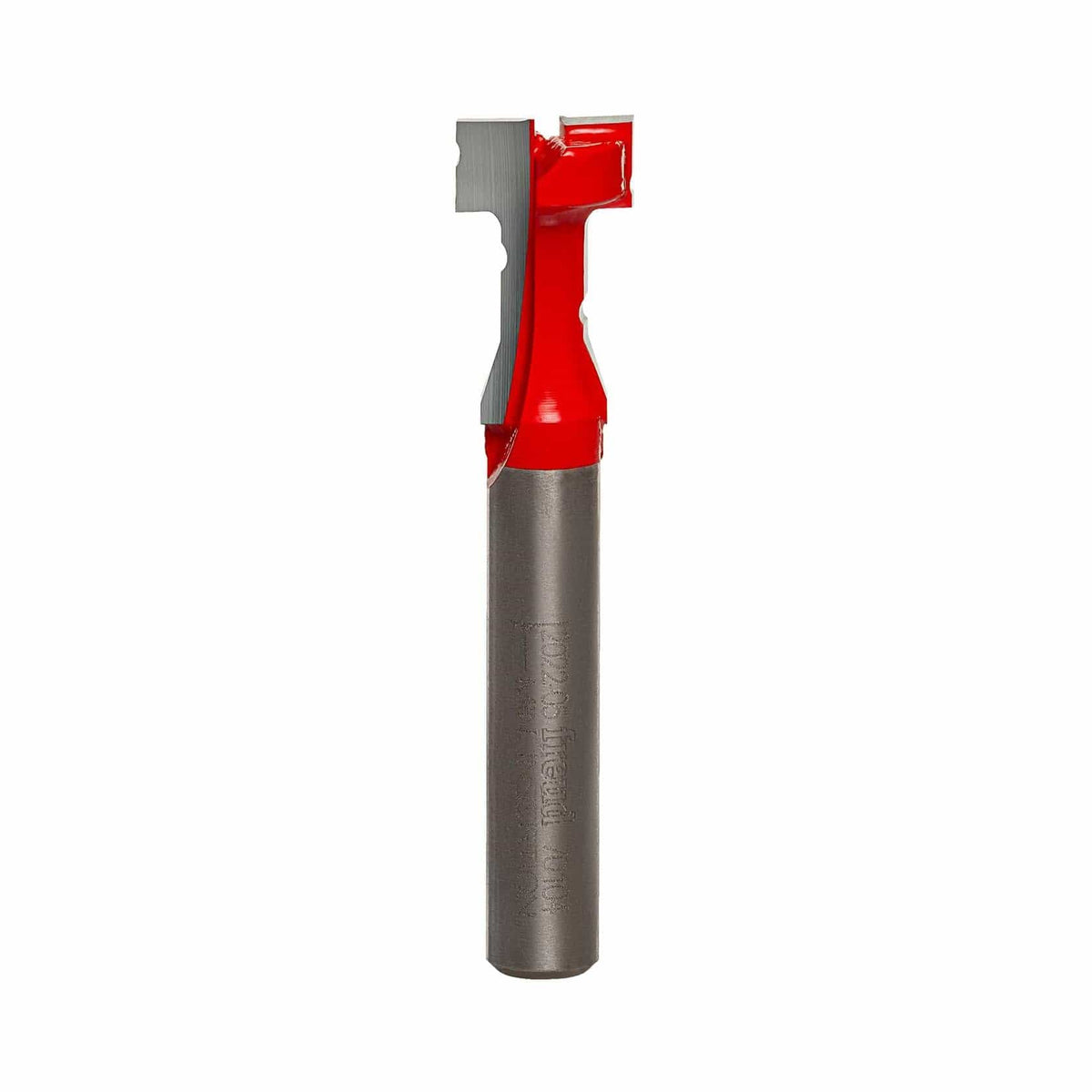 Vertical view of the Freud 70-104 Key Hole Router Bit, showing the red carbide-tipped head and the stepped cutting profile.