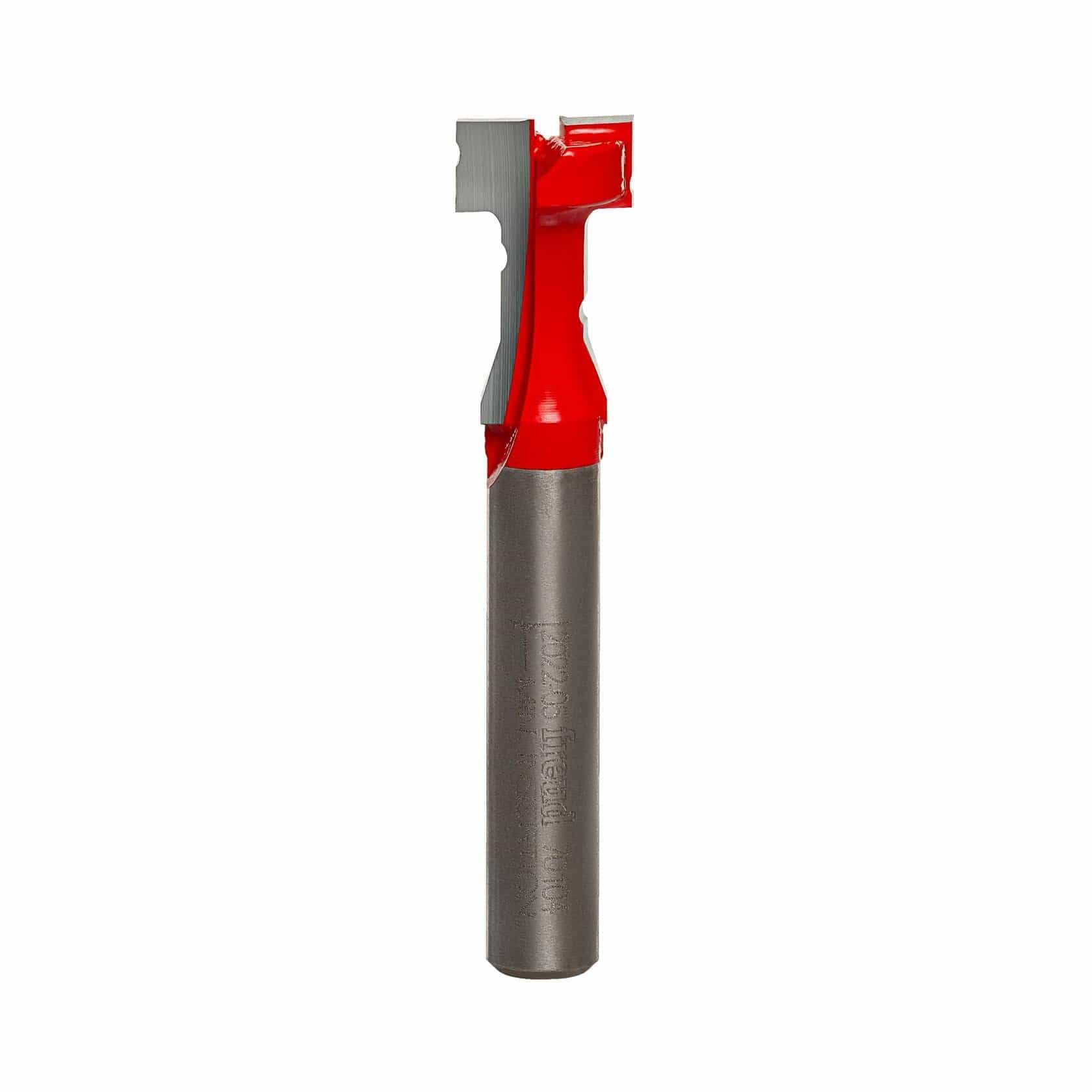 Vertical view of the Freud 70-104 Key Hole Router Bit, showing the red carbide-tipped head and the stepped cutting profile.