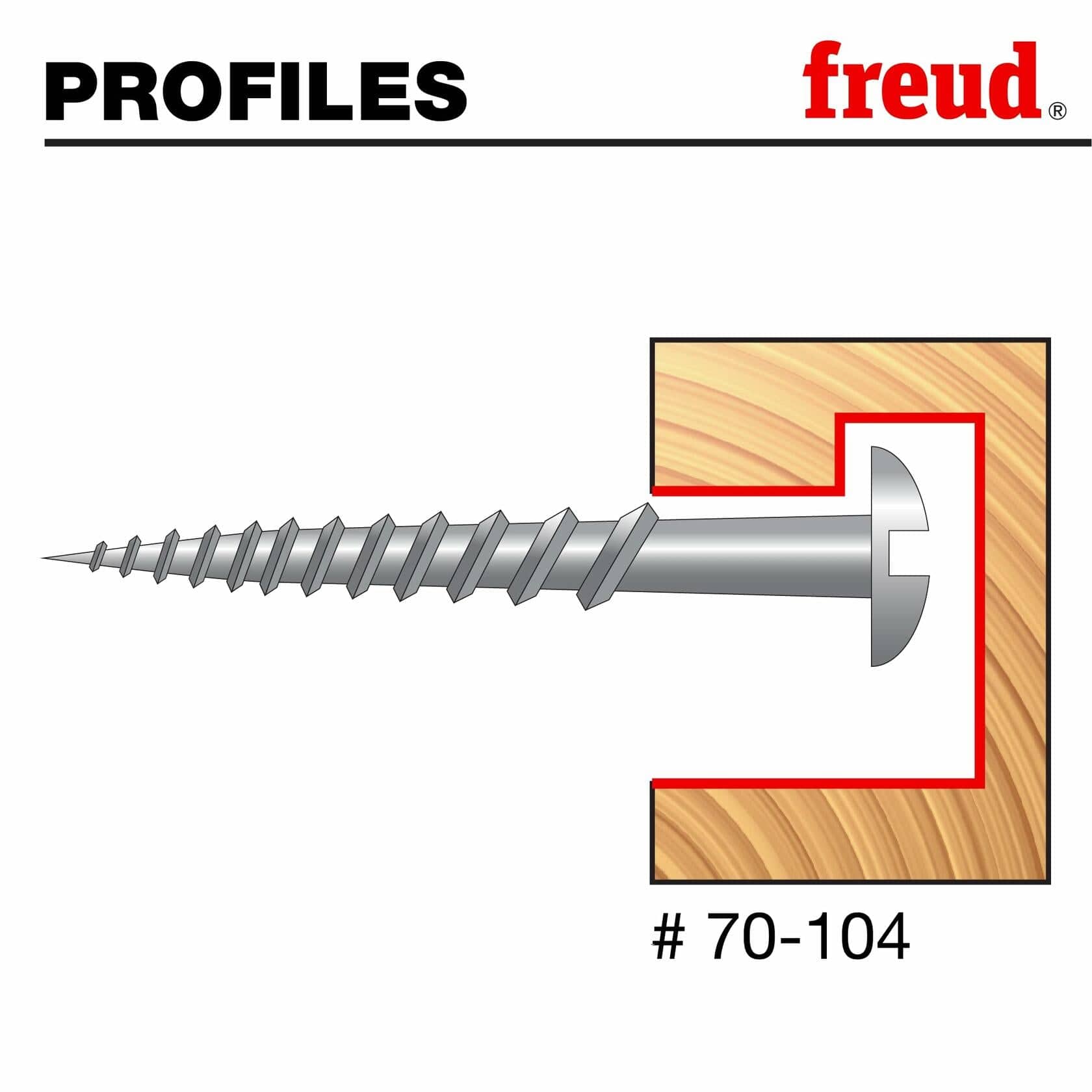 Diagram illustrating the stepped profile created by the Freud 70-104 Key Hole Router Bit, showing how a screw head enters the larger opening and locks into the smaller slot.