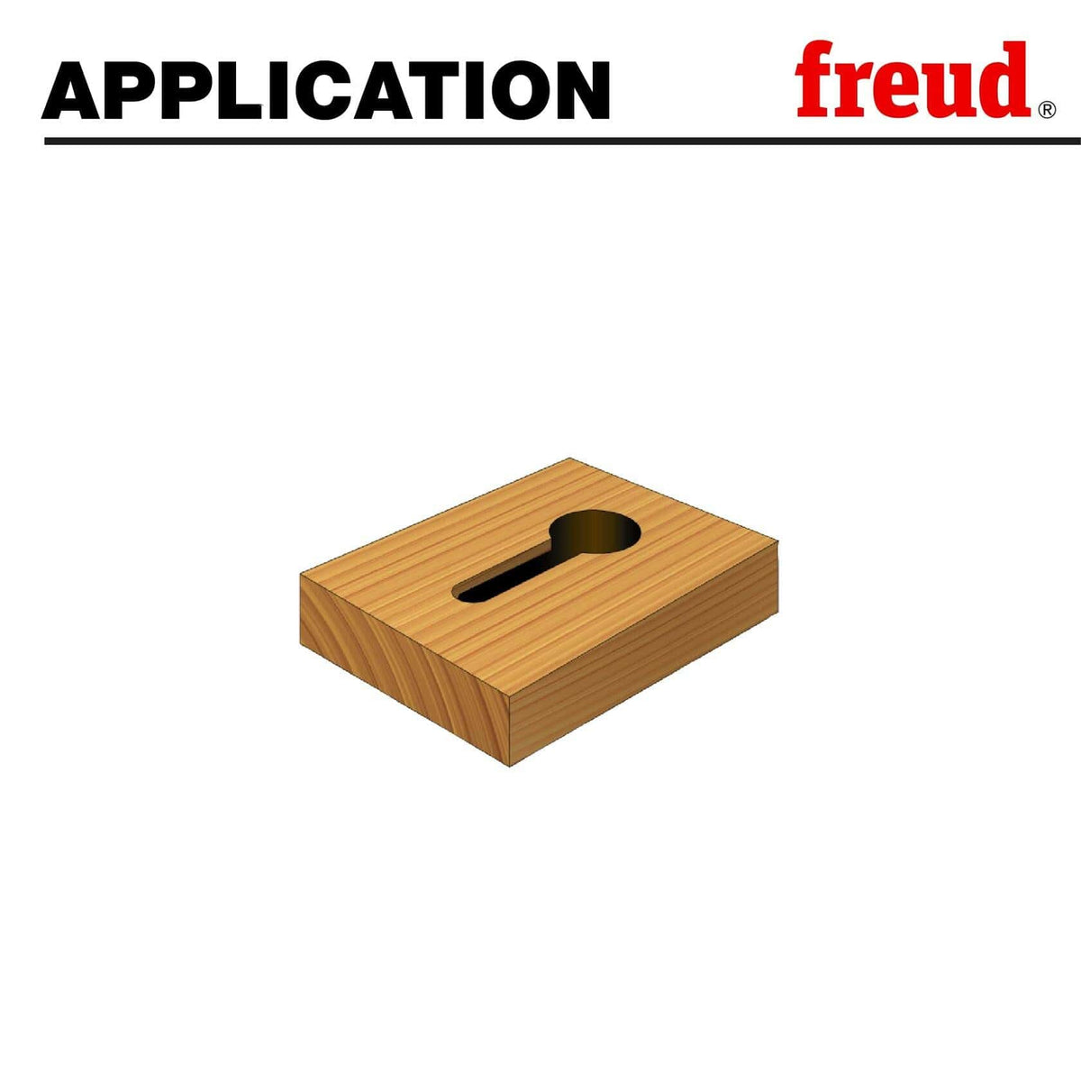 Rendered image of a wooden block with a keyhole slot routed into it, demonstrating the final application of the Freud 70-104 bit for hidden mounting.