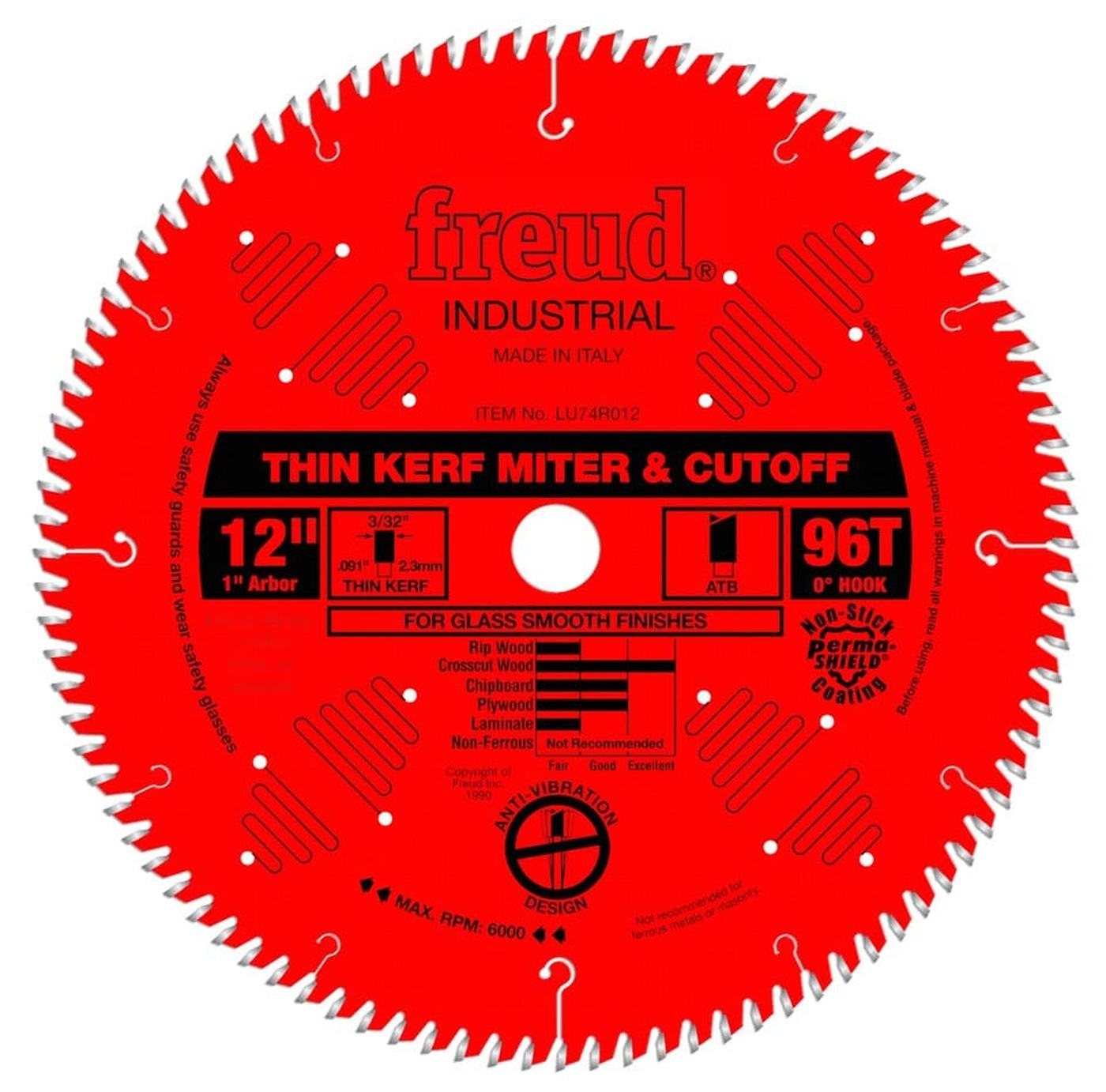 Front view of the red Freud LU74R012 12-inch saw blade featuring 96 teeth, laser-cut anti-vibration vents, and text specifying Thin Kerf Miter and Cutoff for Glass Smooth Finishes.