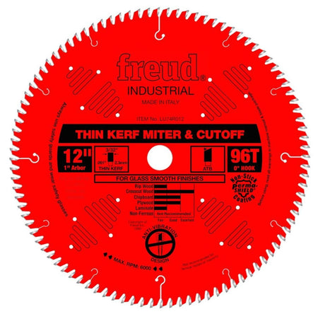 Front view of the red Freud LU74R012 12-inch saw blade featuring 96 teeth, laser-cut anti-vibration vents, and text specifying Thin Kerf Miter and Cutoff for Glass Smooth Finishes.